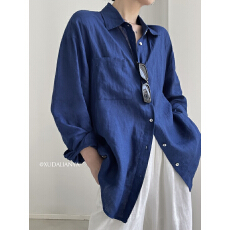 批发法式克莱因蓝亚麻衬衫女<b class='q'>长袖</b>春秋新款宽松慵懒高级感棉麻衬衣上衣