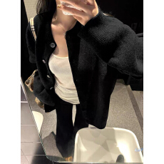 批发黑色<b class='q'>针织</b>开衫女秋季宽松慵懒风休闲高级感春秋外搭毛衣外套上衣冬