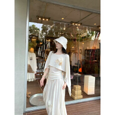 批发【自由生长】莱赛尔<b class='q'>亚麻</b>原麻色针织假两件披肩上衣+修身半裙套装