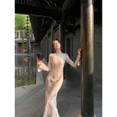 批发Nu阿诺“云白”新中式缎面提花<b class='q'>连衣裙</b>女2026秋季新款<b class='q'>修身</b>旗袍裙子