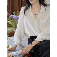 批发已出货 白色翻领花边天丝长袖衬衫女秋季法式复古通勤气质上衣