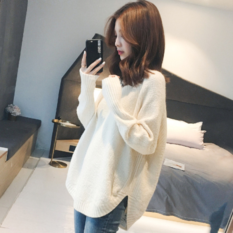 RY8381# 慵懒风加厚韩版毛衣女新款时尚宽松V领针织衫女秋冬套头上衣
