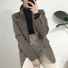 批发2026秋冬千鸟格西装外套女韩国英伦风加厚格子复古<b class='q'>短款</b>小个子