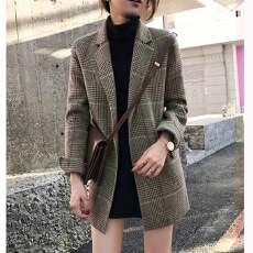 批发韩国格子西装外套女2024秋冬新款修身中长款复古格纹羊毛呢<b class='q'>小</b><b class='q'>西服</b>