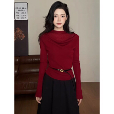 批发韩系简约不对称堆褶长袖<b class='q'>针织衫</b>女2026秋季新款显瘦百搭<b class='q'>假两件</b>上衣