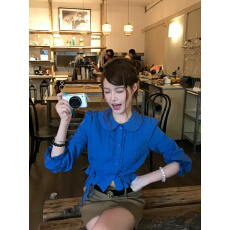 批发韩系穿搭一整套装女秋季新款克莱因蓝娃娃领短款上衣<b class='q'>半身裙</b>两件套