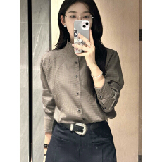 批发已出货 [nico同款] Slig“橡木”拼接线条破缝高领正肩格子衬衫
