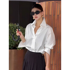 批发法式V领通勤正装衬衫女春秋新款高级感职业休闲宽松显瘦百搭上衣