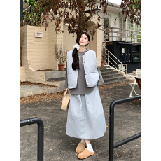 批发实拍实价~大码宽松长袖连帽卫衣+圆领棉衣马甲外套+半身裙套装女