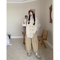 批发实拍实价~大码宽松复古休闲衬衫+休闲工装阔腿裤森系复古马甲套装