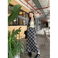 批发实拍实价 大码韩系灰色麻花针织开衫蝴蝶结吊带背心格纹半身裙潮