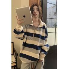 批发实拍实价大码美式复古半拉链条纹卫衣女春秋季套头上衣百搭显瘦潮