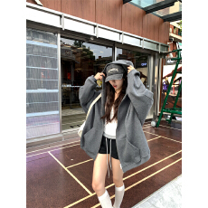 批发实拍实价大码春秋新款宽松长袖连帽卫衣女石岩灰休闲慵懒上衣外套