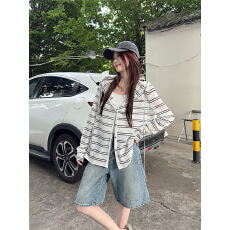 批发实拍实价大码冷感纤维条纹长袖连帽开衫外套<b class='q'>女</b>春夏薄款防晒衫上衣