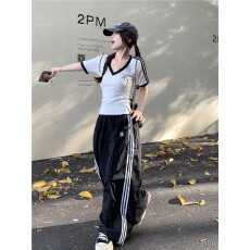 批发实拍实价大码正肩<b class='q'>打底</b>衫v领显瘦短袖t恤美式运动风阔腿直筒裤女潮