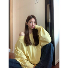 批发实拍实价大码宽松斜肩卫衣女秋套头美式中长款休闲正肩外套上衣潮