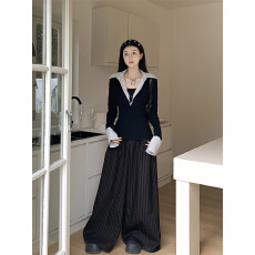 批发实拍实价<b class='q'>大码</b>假两件拼接衬衫领显瘦内搭长袖上衣女休闲长裤两件套