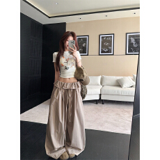 批发实拍 大码女装小猫印花圆领短袖T恤女 花苞腰头设计感宽松休闲裤