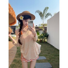 实拍 大码装春夏新款慵懒风条纹罩衫长袖t恤女内搭吊带包臀裙套装