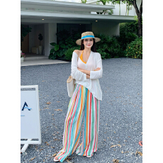 批发实拍实价~<b class='q'>大码</b>防晒罩衫T恤女+多巴胺彩虹条纹凉凉裤+内搭三件套装