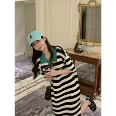 批发实拍实价~春夏时尚楼空拼色翻领T恤裙撞色条纹中长款针织连衣裙潮