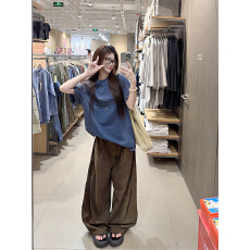 批发实拍实价~<b class='q'>大码</b>线条图案印花宽松圆领短袖T恤女小弯刀垂感休闲<b class='q'>长裤</b>