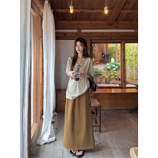 批发实拍实价~大码v领T恤纯色短袖宽松上衣+休闲显瘦气质半身长裙套装