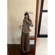 批发实拍实价~大码条纹宽松长袖防晒T恤女长款吊带连衣裙内搭韩系长裙