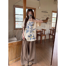 批发实拍实价大码做旧短袖T恤花朵印花上衣高腰垂感拖地阔腿裤套装女