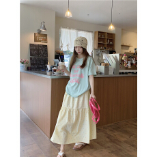 批发实拍实价~大码卡布夏日字母印花上衣黄色彩色波点半身裙 两件套女