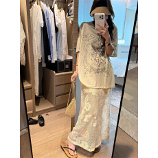 批发大码女装 慵懒松弛宽松印花短袖T恤上衣透视网面花朵半身裙套装潮