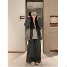 批发大码女装 宽松慵懒松弛风条纹开衫长袖外套显瘦<b class='q'>长裤</b><b class='q'>套装</b>女百搭潮