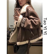 批发现货~羊羔毛外套女冬季加绒加厚皮毛一体<b class='q'>机车</b>服<b class='q'>皮衣</b>夹克短款上衣