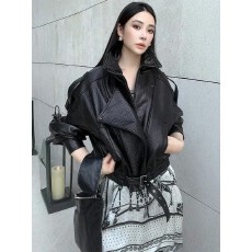 批发网红同款多层翻领设计感机车PU皮衣外套女<b class='q'>秋</b>季收腰系带宽松短夹克