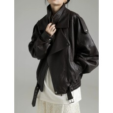 批发羊羔泡皮重工双层领廓形<b class='q'>真皮</b>夹克女<b class='q'>皮衣</b>