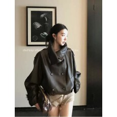 批发双排扣翻领皮衣女<b class='q'>春</b>新款高级感休闲宽松小个子短款外套皮夹克