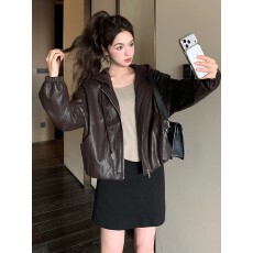 批发美拉德咖色连帽皮衣外套女<b class='q'>春</b>秋超好看又a又飒高级小众机车服夹克