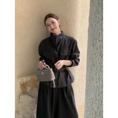 批发老钱风系带收腰皮衣外套女黑色<b class='q'>春</b>秋季新款酷飒风机车夹克韩系