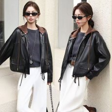 批发时尚皮衣外套女<b class='q'>冬</b>季新款小个子宽松显瘦连帽酷飒PU皮夹克