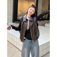 批发咖色复古翻领PU<b class='q'>皮衣</b>外套女春季新款高级感简约气质小个子上衣