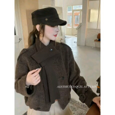 批发韩系设计感配围脖毛呢短款外套女<b class='q'>欧洲站</b>秋季<b class='q'>新款</b>宽松时尚上衣