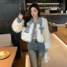 批发牛仔拼接毛毛短外套仿<b class='q'>皮草</b>加棉加厚小个子女冬季高腰时尚短款上衣