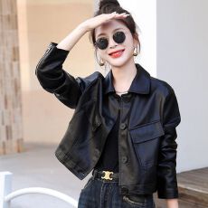 批发方领皮衣外套女春秋新款时尚宽松显瘦短款时髦小个子皮夹克