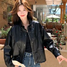批发复古收腰皮衣外套女秋新款酷飒松弛洋气设计感机车服