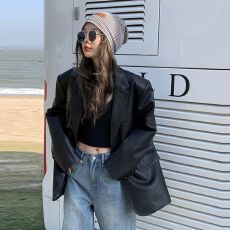 批发中长款黑色皮衣西装外套女宽松春秋新款PU皮高级感炸街西服女