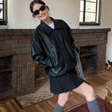 批发棕色复古PU皮衣外套女秋季新款休闲韩版宽松小个子机车夹克上衣女