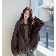 批发美拉德条纹衬衫皮衣外套女早春秋美式复古高级感工装风pu夹克