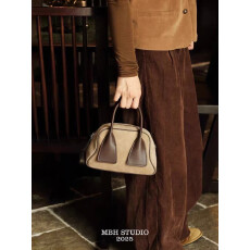 磨砂牛皮秋冬新款可爱拼色保龄球包斜挎真皮手提包配肩带