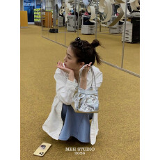 MBH头层羊皮银色水桶包高级感大容量纯色百搭手提包