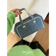 牛仔拼接牛皮编织波士顿枕头包大容量轻便通勤手提包斜挎包配肩带